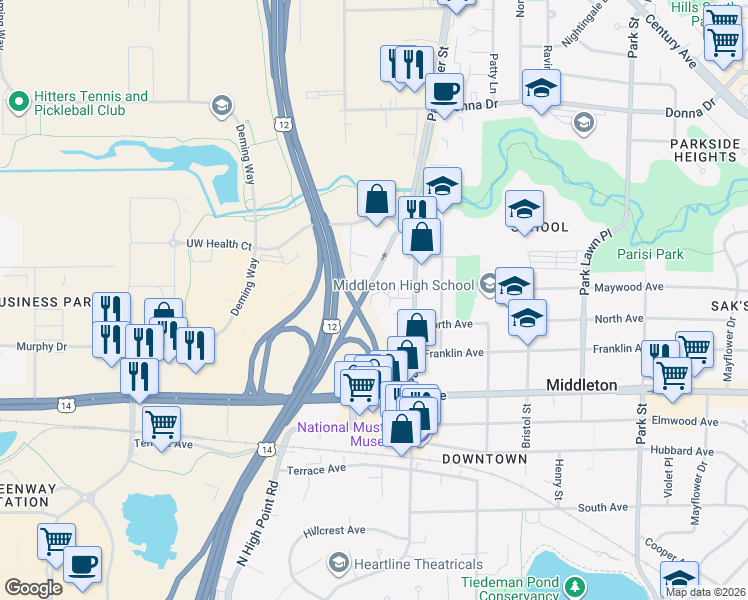 map of restaurants, bars, coffee shops, grocery stores, and more near 2212 Parmenter Street in Middleton