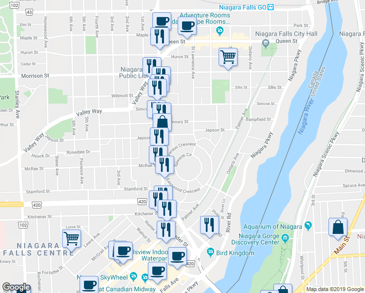 map of restaurants, bars, coffee shops, grocery stores, and more near 4712 Ryerson Crescent in Niagara Falls