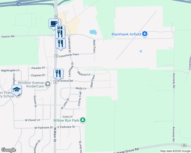 map of restaurants, bars, coffee shops, grocery stores, and more near 400 East School Road in Cottage Grove