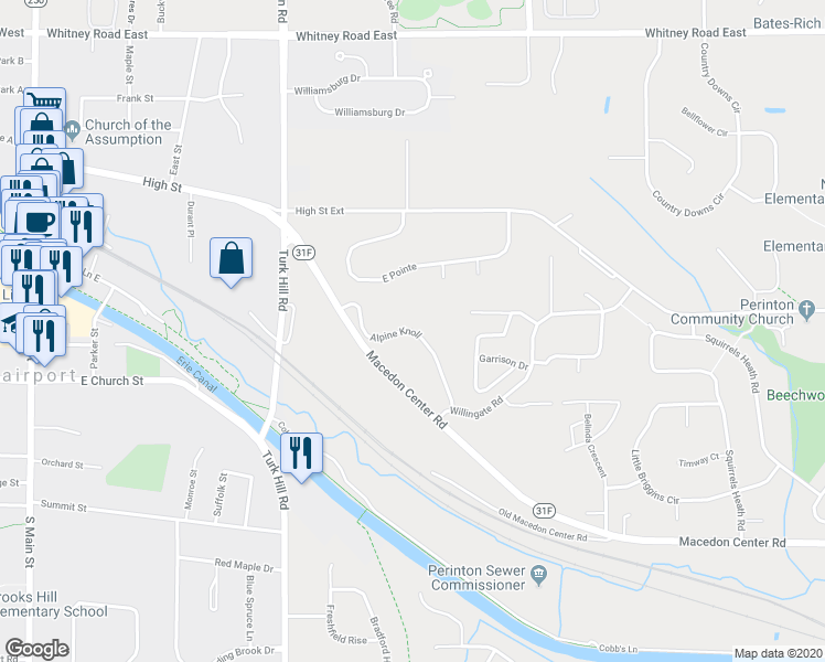 map of restaurants, bars, coffee shops, grocery stores, and more near 223 Alpine Knoll in Fairport