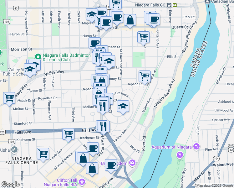 map of restaurants, bars, coffee shops, grocery stores, and more near 4688 Ryerson Crescent in Niagara Falls