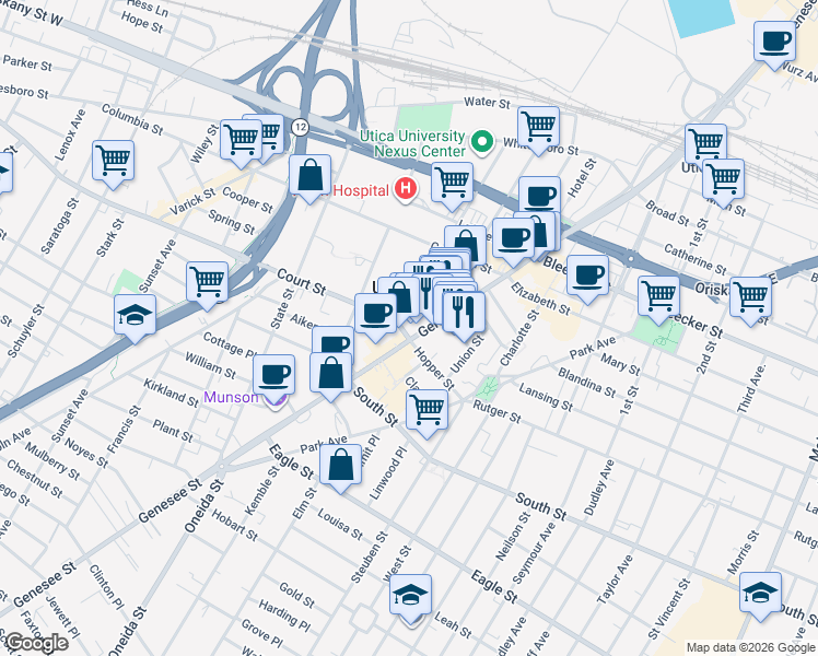 map of restaurants, bars, coffee shops, grocery stores, and more near 254 Genesee Street in Utica
