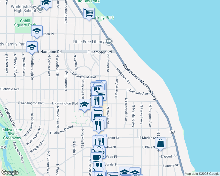 map of restaurants, bars, coffee shops, grocery stores, and more near 4600 North Cramer Street in Whitefish Bay