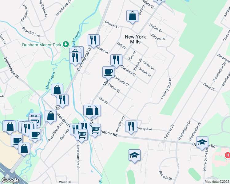 map of restaurants, bars, coffee shops, grocery stores, and more near 18 Porter Street in New York Mills