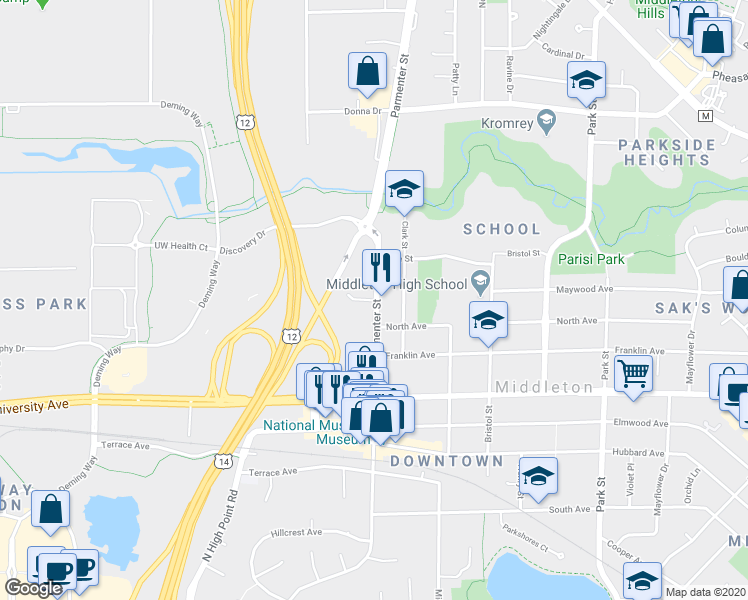 map of restaurants, bars, coffee shops, grocery stores, and more near 7509 Rohlich Court in Middleton