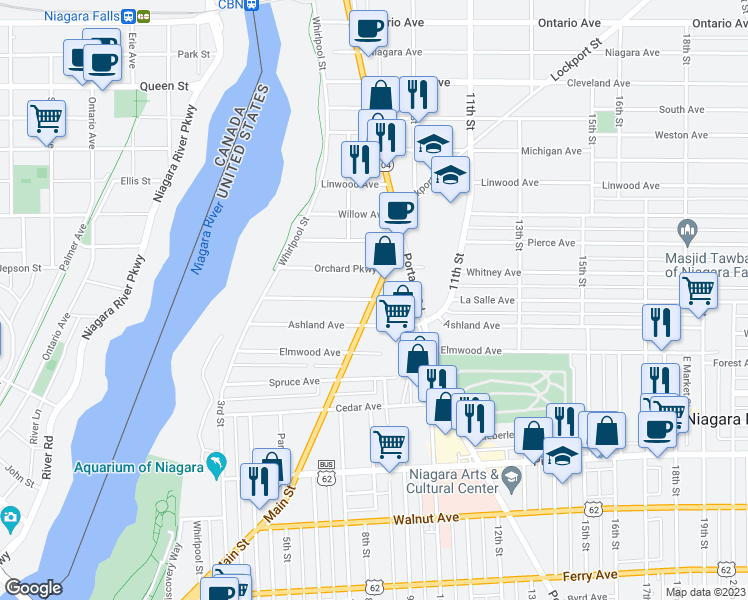 map of restaurants, bars, coffee shops, grocery stores, and more near Main Street in Niagara Falls