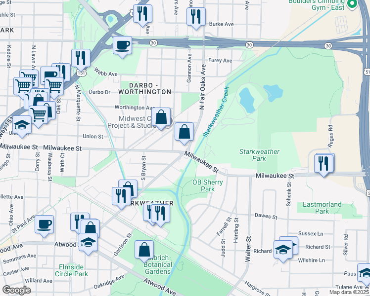 map of restaurants, bars, coffee shops, grocery stores, and more near 3324 Milwaukee Street in Madison