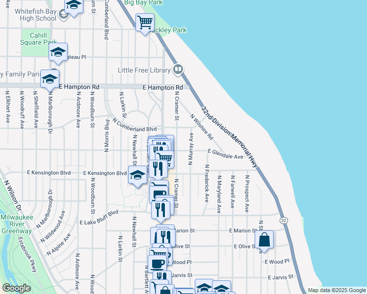 map of restaurants, bars, coffee shops, grocery stores, and more near 1916 East Glendale Avenue in Whitefish Bay