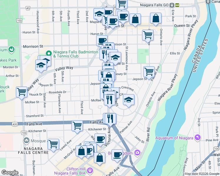 map of restaurants, bars, coffee shops, grocery stores, and more near 5134 Victoria Avenue in Niagara Falls