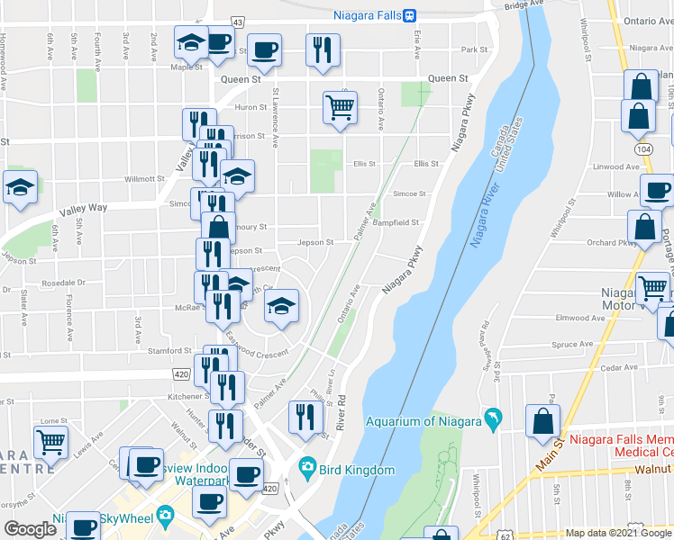 map of restaurants, bars, coffee shops, grocery stores, and more near 5129 Palmer Avenue in Niagara Falls