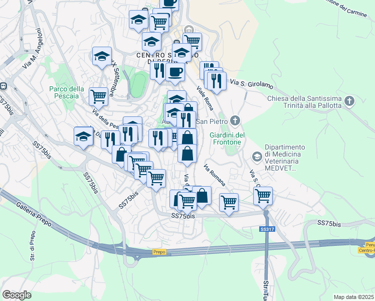 map of restaurants, bars, coffee shops, grocery stores, and more near Via dei Filosofi in Perugia