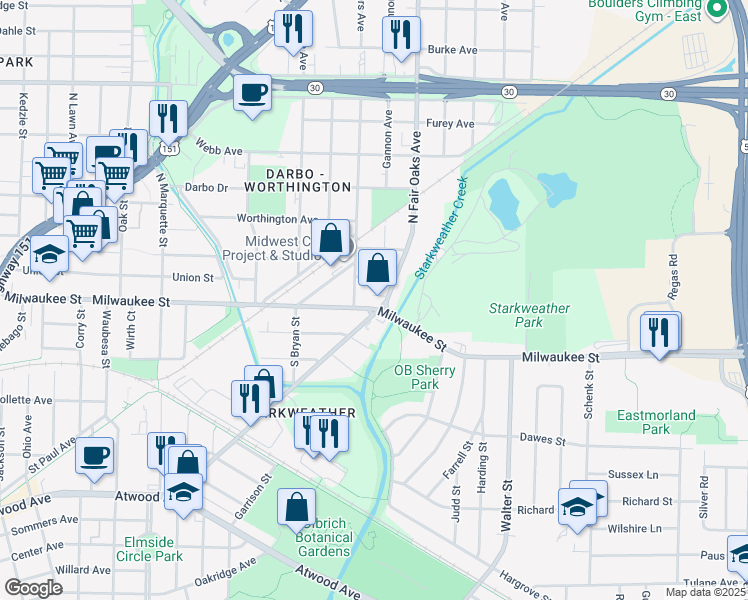 map of restaurants, bars, coffee shops, grocery stores, and more near 3320 Milwaukee Street in Madison