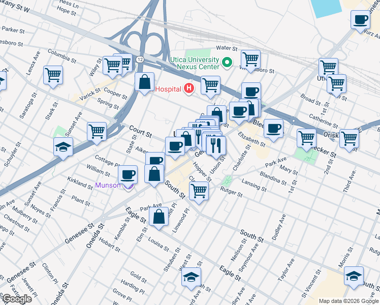 map of restaurants, bars, coffee shops, grocery stores, and more near 254 Genesee Street in Utica