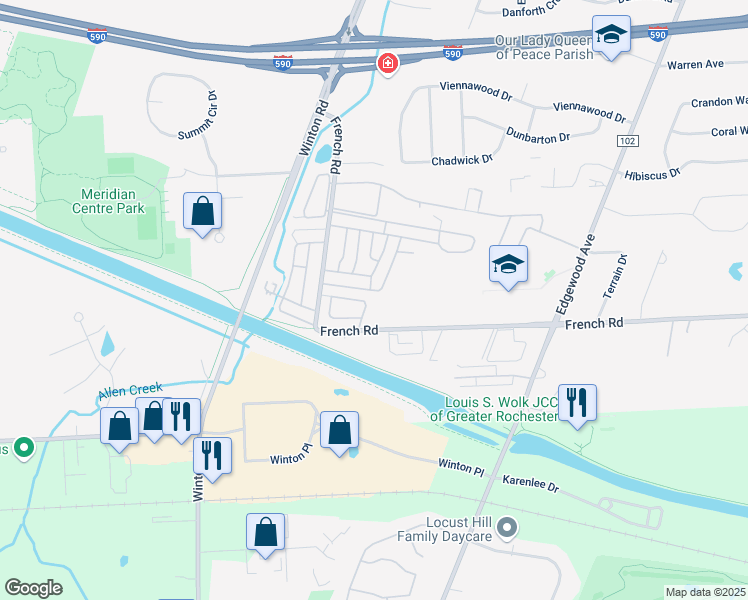 map of restaurants, bars, coffee shops, grocery stores, and more near 140 French Woods Circle in Rochester