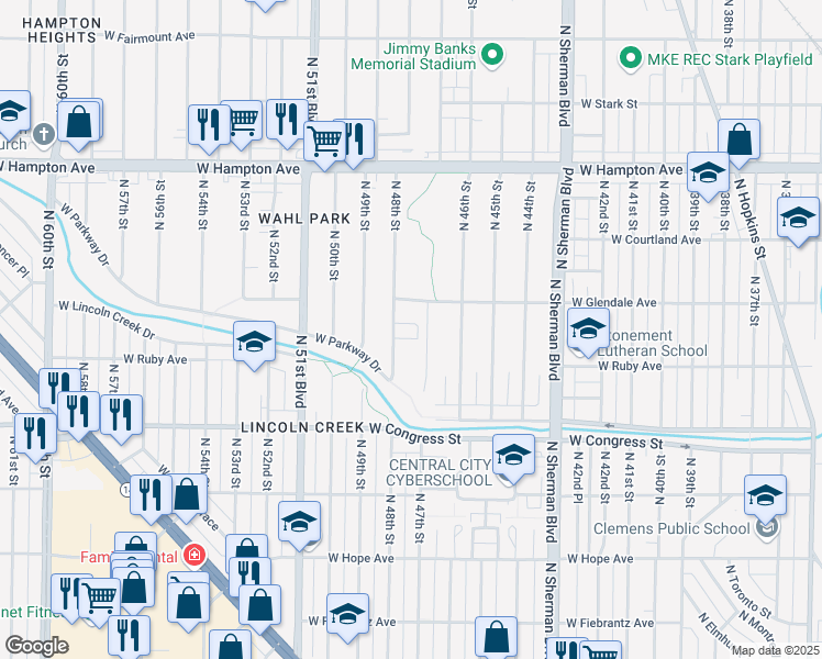 map of restaurants, bars, coffee shops, grocery stores, and more near 4533 North 47th Street in Milwaukee