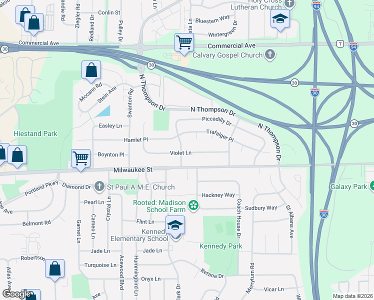 map of restaurants, bars, coffee shops, grocery stores, and more near 5005 Violet Lane in Madison