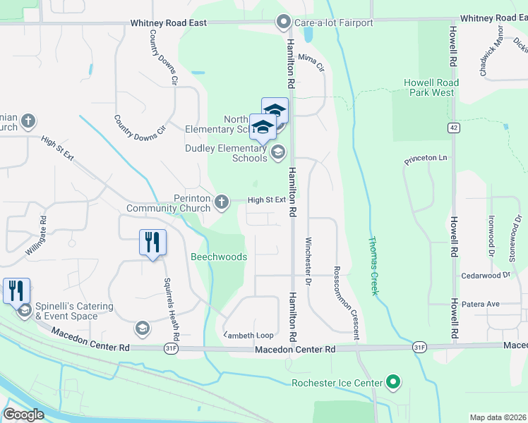 map of restaurants, bars, coffee shops, grocery stores, and more near 8 Wilbury Rd in Fairport