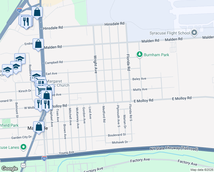 map of restaurants, bars, coffee shops, grocery stores, and more near 201 Plymouth Avenue in Mattydale