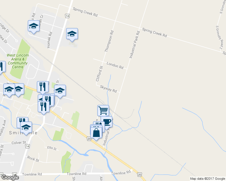map of restaurants, bars, coffee shops, grocery stores, and more near Skyway Road in Smithville