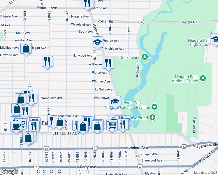 map of restaurants, bars, coffee shops, grocery stores, and more near 2743 La Salle Avenue in Niagara Falls