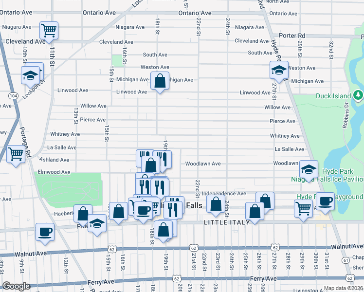 map of restaurants, bars, coffee shops, grocery stores, and more near 2000 La Salle Avenue in Niagara Falls