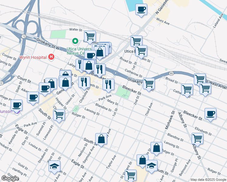 map of restaurants, bars, coffee shops, grocery stores, and more near 305 Elizabeth Street in Utica