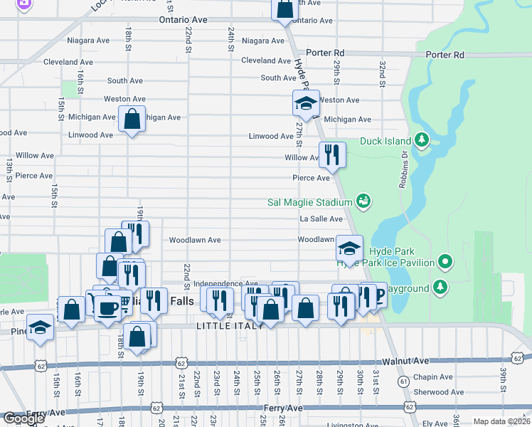 map of restaurants, bars, coffee shops, grocery stores, and more near 2454 Lasalle Avenue in Niagara Falls