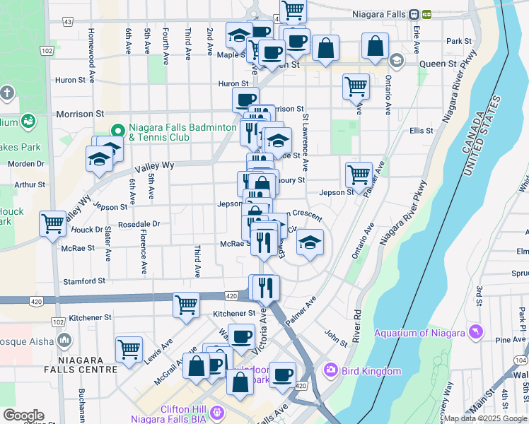 map of restaurants, bars, coffee shops, grocery stores, and more near 5176 Victoria Avenue in Niagara Falls
