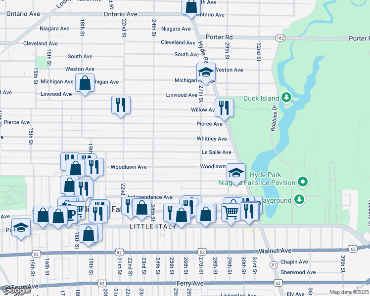 map of restaurants, bars, coffee shops, grocery stores, and more near 2479 La Salle Avenue in Niagara Falls