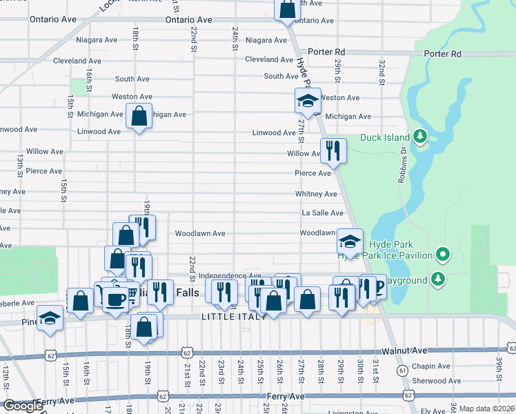 map of restaurants, bars, coffee shops, grocery stores, and more near 2443 La Salle Avenue in Niagara Falls