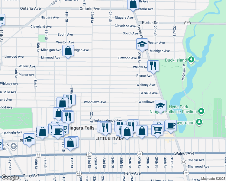 map of restaurants, bars, coffee shops, grocery stores, and more near 2405 La Salle Avenue in Niagara Falls
