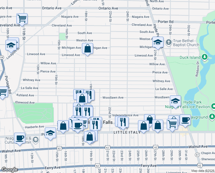 map of restaurants, bars, coffee shops, grocery stores, and more near 1114 22nd Street in Niagara Falls