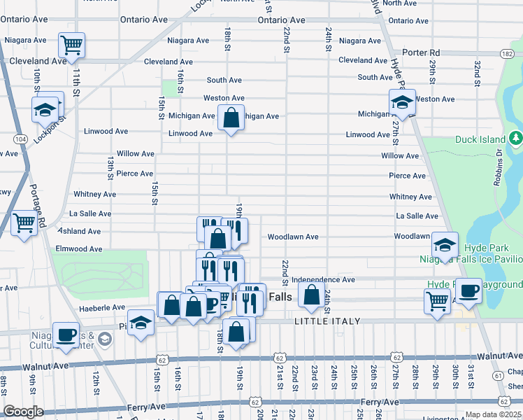 map of restaurants, bars, coffee shops, grocery stores, and more near 1116 20th Street in Niagara Falls