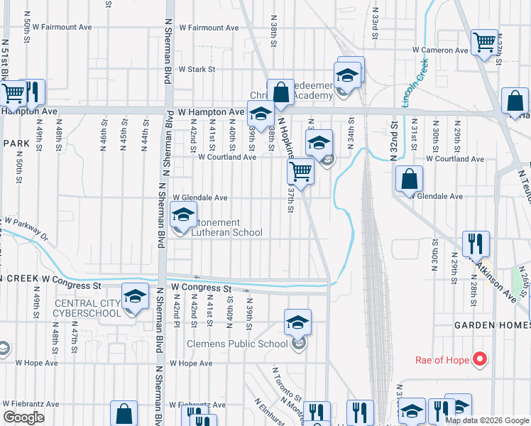 map of restaurants, bars, coffee shops, grocery stores, and more near 4518 North 38th Street in Milwaukee