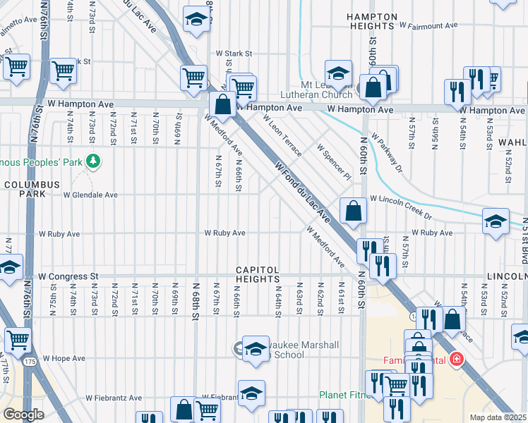 map of restaurants, bars, coffee shops, grocery stores, and more near 4512 North 65th Street in Milwaukee