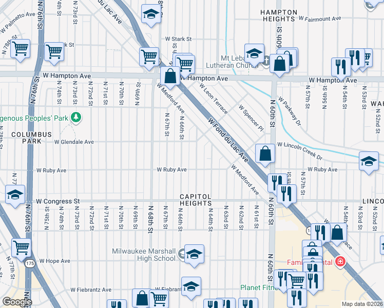map of restaurants, bars, coffee shops, grocery stores, and more near 4512 North 65th Street in Milwaukee