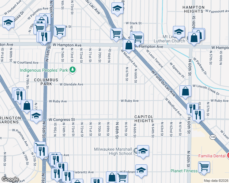 map of restaurants, bars, coffee shops, grocery stores, and more near 4513 North 68th Street in Milwaukee