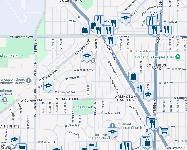 map of restaurants, bars, coffee shops, grocery stores, and more near 4502 North 84th Street in Milwaukee