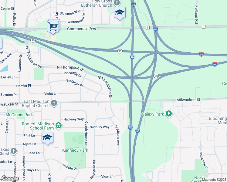 map of restaurants, bars, coffee shops, grocery stores, and more near 5313 Trafalger Place in Madison