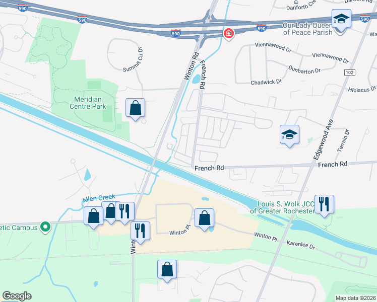 map of restaurants, bars, coffee shops, grocery stores, and more near 625 Eastbrooke Lane in Rochester