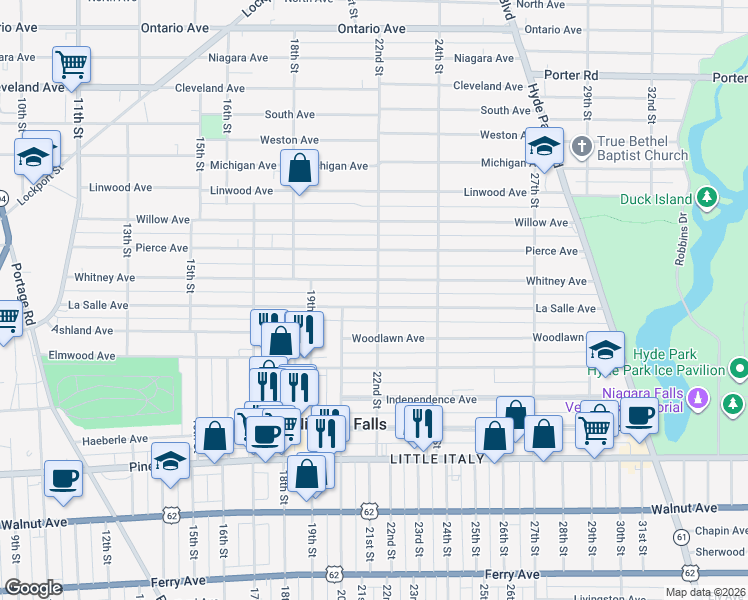 map of restaurants, bars, coffee shops, grocery stores, and more near 2034 La Salle Avenue in Niagara Falls