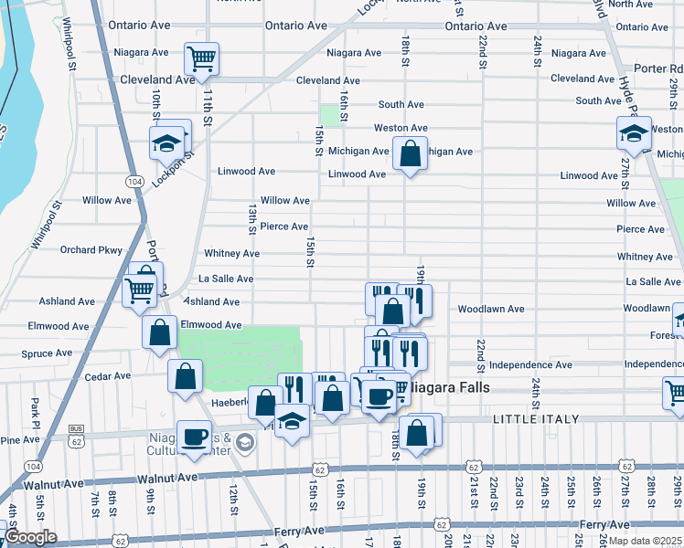 map of restaurants, bars, coffee shops, grocery stores, and more near 1536 La Salle Avenue in Niagara Falls
