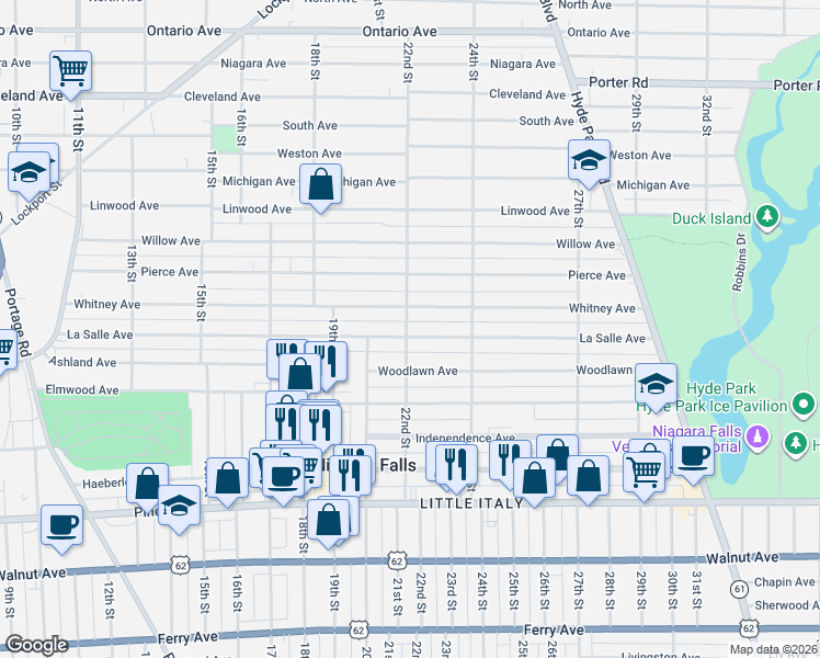map of restaurants, bars, coffee shops, grocery stores, and more near 1114 22nd Street in Niagara Falls