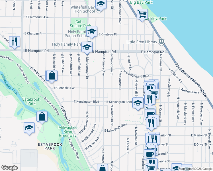 map of restaurants, bars, coffee shops, grocery stores, and more near 4535 North Woodburn Street in Shorewood