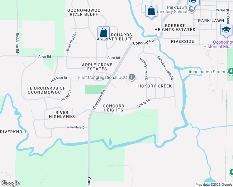 map of restaurants, bars, coffee shops, grocery stores, and more near 1010 Shady Lane in Oconomowoc