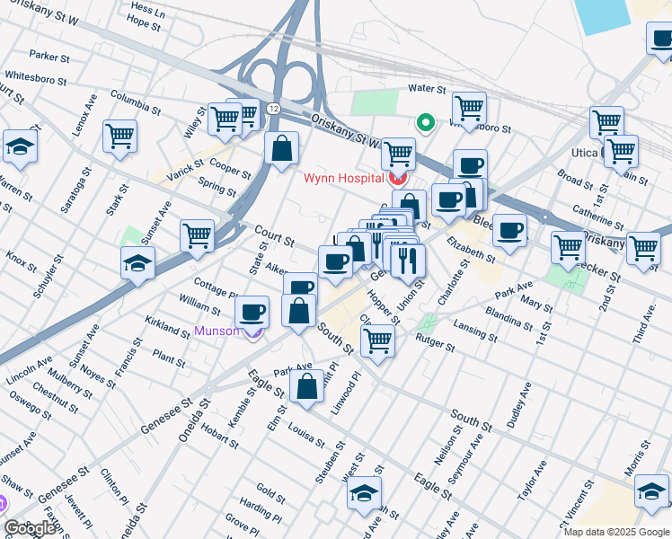 map of restaurants, bars, coffee shops, grocery stores, and more near in Utica