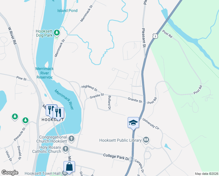 map of restaurants, bars, coffee shops, grocery stores, and more near 50 Granite Street in Hooksett