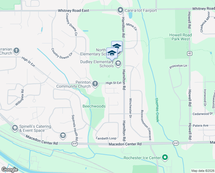 map of restaurants, bars, coffee shops, grocery stores, and more near 8 Wilbury Rd in Fairport