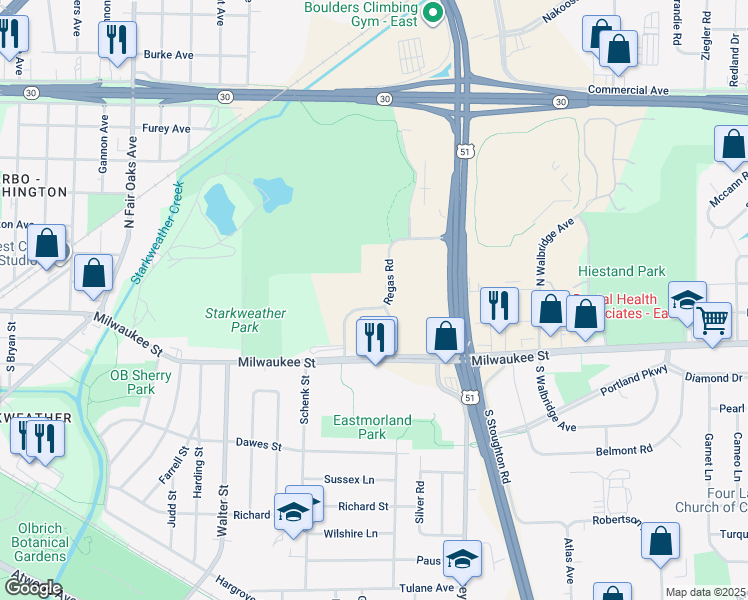 map of restaurants, bars, coffee shops, grocery stores, and more near 192 Regas Road in Madison