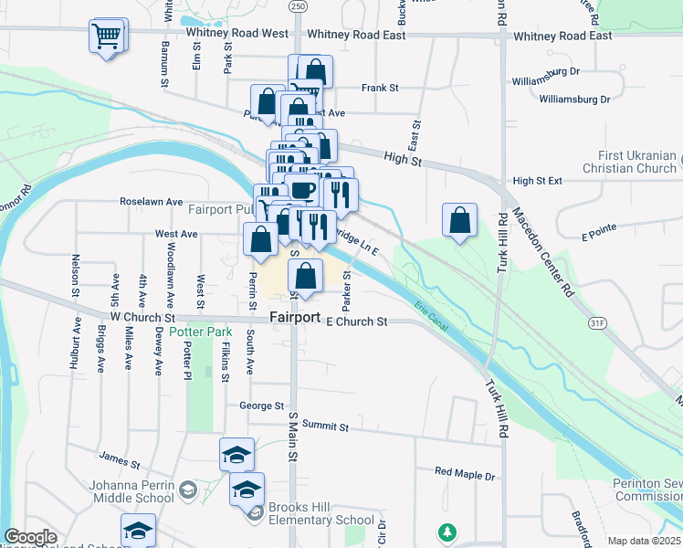 map of restaurants, bars, coffee shops, grocery stores, and more near 18 Pleasant Street in Fairport